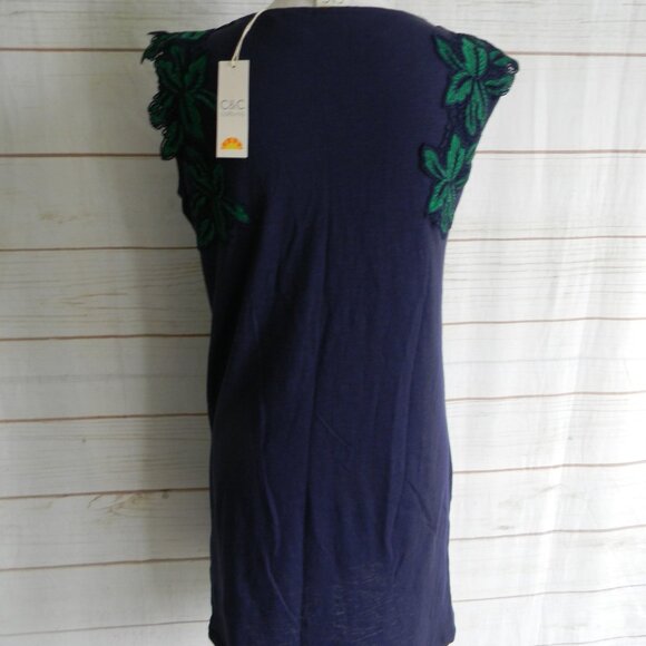 NWT C&C CALIFORNIA  BLUE COTTON AIRY DRESS GREEN EMBROIDERED LEAVES TROPICAL - Picture 4 of 6